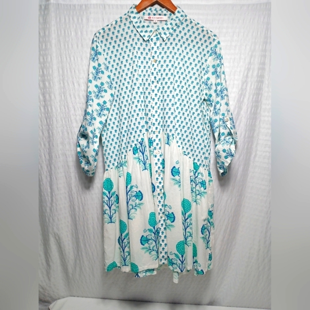 Anthropolgie Ro's Garden Cotton Adjustable Long Sleeve Button Down Mini Dress. M